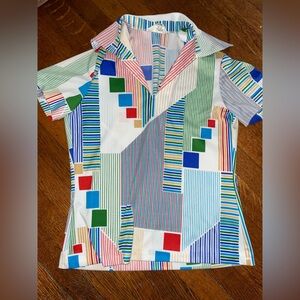 70s polyester wide collar geometric primary color blouse retro vintage